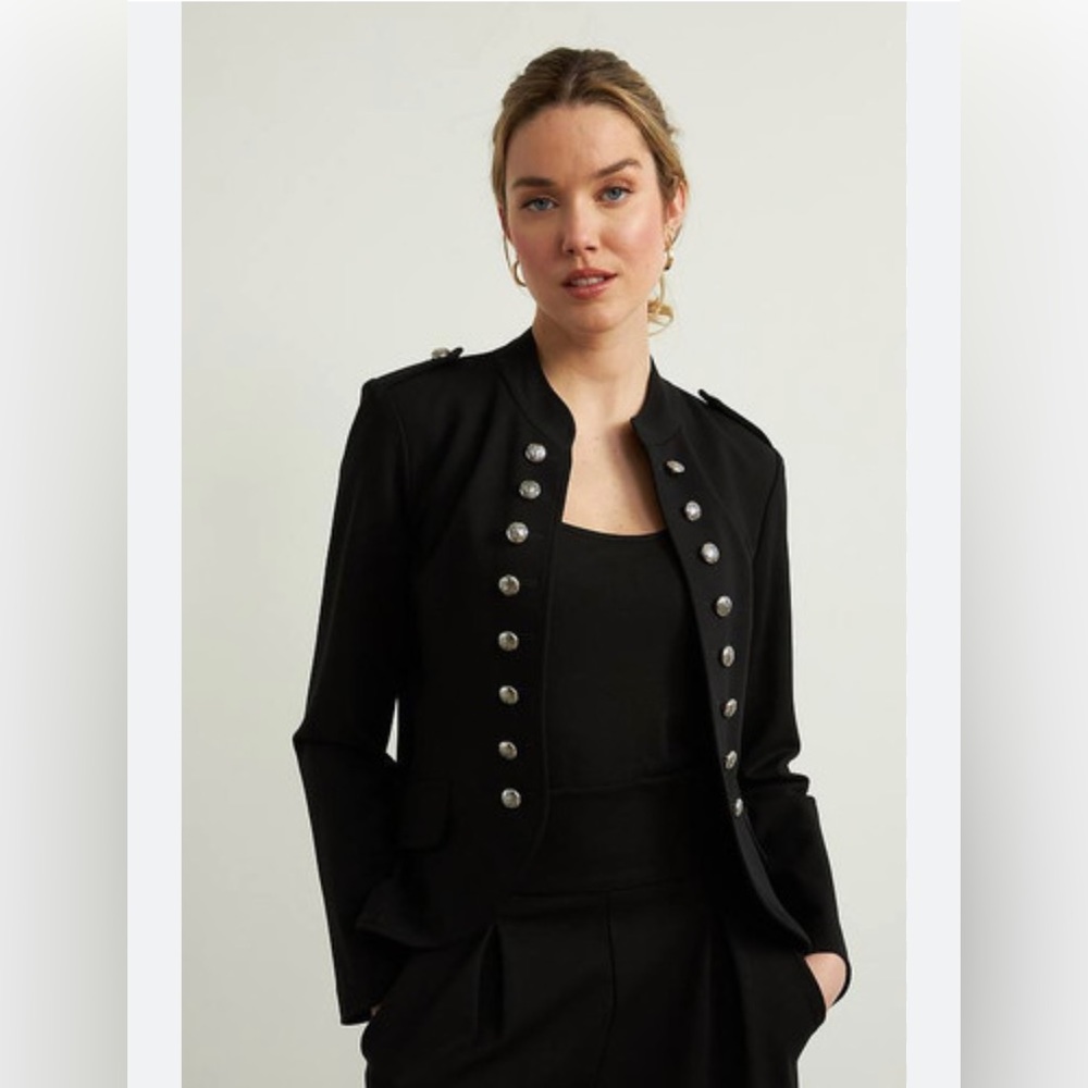 Black Military Zip-Up Blazer with Silver Buttons by Larry Levine Size Small